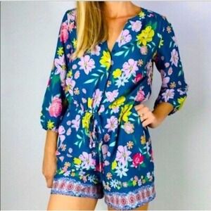 Anthropologie Tabitha Webb Blue Pink Floral Casual Romper 3/4 Sleeveless Size 2